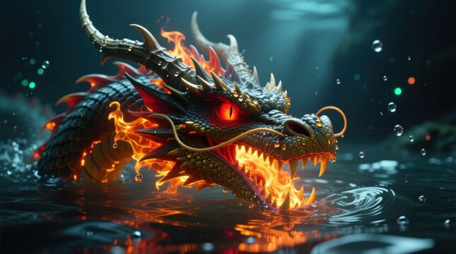  an animated fire dragon in the water with its mouth open, surrounded by water bubbles and a blurred background The resolution of the image is 1920x1080, making it