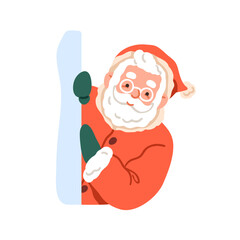 Santa Claus peeking out from behind snow wall. Happy smiling Christmas character looking, watching, peeping for festive winter holiday surprise. Flat vector illustration isolated on white background