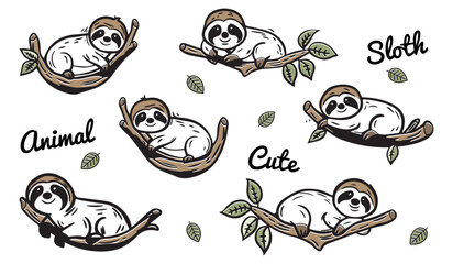 Sloths On Tree Icons Set - Vector Illustrations On White Background