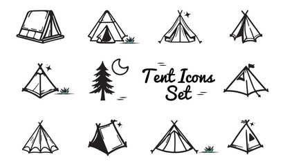 Flat Camping Tent Icons Set - Vector Illustrations Isolated On White Background