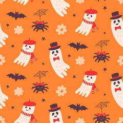 Halloween Cute Ghost on Orange Seamless Pattern