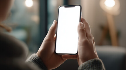 スマートフォンを持つ女性の手元のクローズアップ、スマホ画面は白紙（モックアップ・コピースペース）