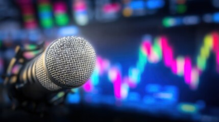 Microphone in front of colorful stock market data display at trading event