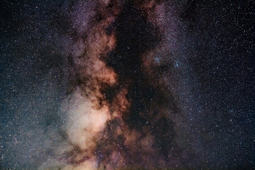 Milky way stars and constellations with a galaxy background photographed from a dark countryside location.