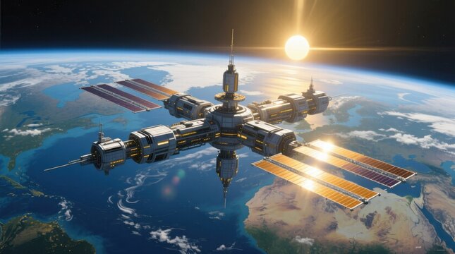  a space station in orbit with the sun in the background, surrounded by a vast expanse of sky and clouds The image is animated, giving it a dynamic feel