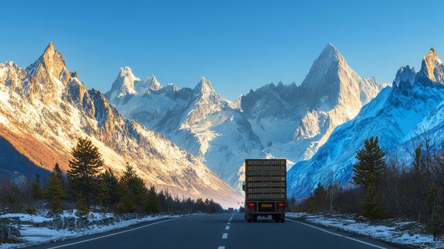 Truck driving through mountain highway carrying goods, snow peaks in background, transportation and logistics concept.