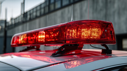 赤い警光灯が白い車の屋根で昼に点灯し防音壁前で光る情景