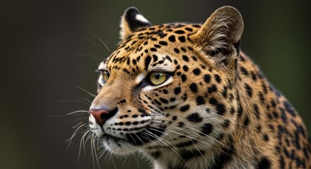 Naklejka premium Close up of a leopards face with distinctive markings against blurred background