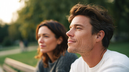 Fototapeta premium Contemplative couple looking towards the future. Peaceful outdoor scene, ideal for relationship concepts, aspirations, or serene lifestyle themes. Warm light.