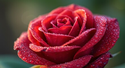 Close up of a vibrant red rose covered in water droplets natural daylight