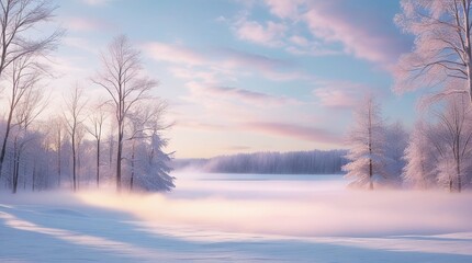 A serene winter sunrise paints the snowy mountain and forest landscape with cold blue and golden light as fog hangs over the river