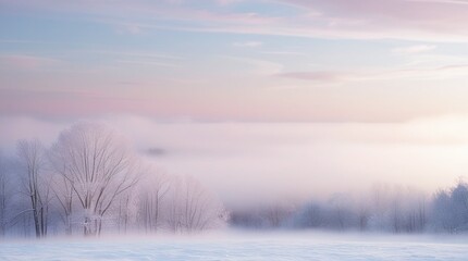 A winter morning landscape with mist rising over the frozen river and forest trees under a blue sunrise sky