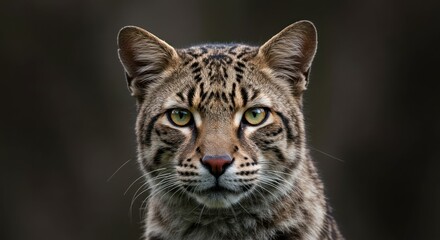 Fototapeta premium Close up portrait of a wild cat with distinctive markings and focused gaze against a blurred background