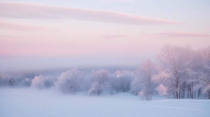 White winter landscape scene with blue sky as the sun rises, casting light on the snowy trees and frozen field in the misty morning fog
