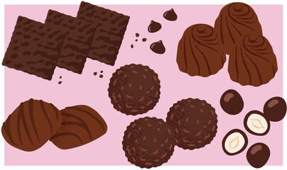 Vector illustration set of assorted chocolates, featuring different shapes, fillings, and toppings. Includes truffles, pralines, chocolate bars, bonbons, and cocoa pieces in a clean, modern flat style