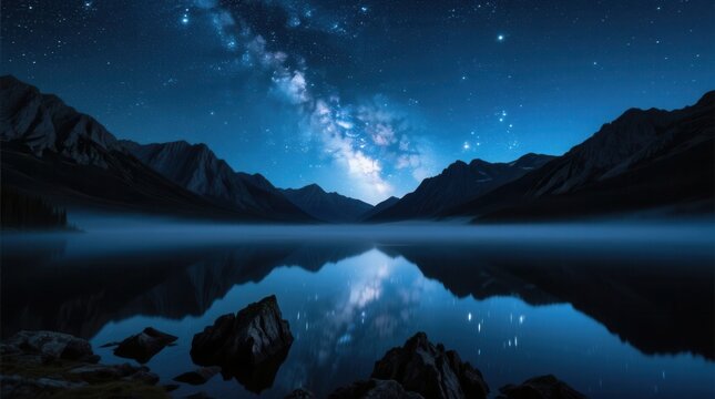  a stunning night sky with the milky way shining brightly over a mountain lake, surrounded by rocks and trees The resolution of the image is 1920x1080, making it pe