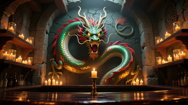  a Chinese dragon sitting atop a table in front of a fireplace, surrounded by candles and bottles on the racks The dragon is animated, with its wings spread wide an