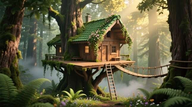 Fototapeta  a small tree house nestled in the middle of a lush forest, surrounded by tall trees, lush plants, vibrant flowers, and a tranquil body of water A rope bridge leads