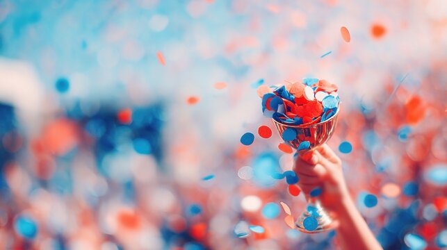 Crowd celebrates victory with confetti and trophy at outdoor event