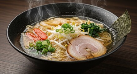 Ramen bowl with various toppings steam rising close up culinary photo