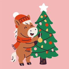 Cute Cartoon Horse Decorating Christmas Tree