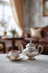 Fototapeta premium Elegant silver teapot and cup of tea on a lace tablecloth. Evokes themes of afternoon tea, refinement, and relaxation. Ideal for food, lifestyle or hospitality uses.