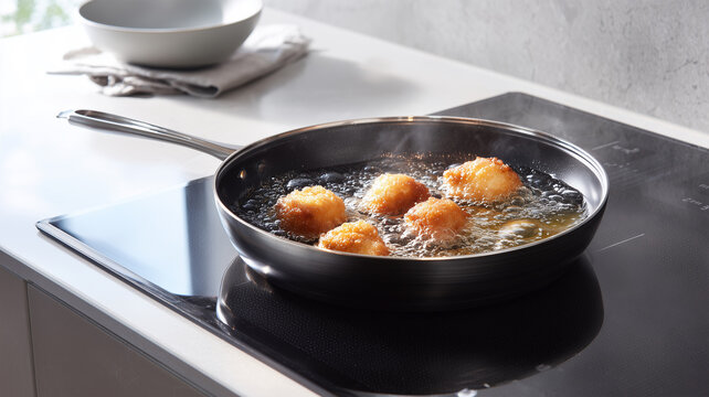 IHコンロの黒い鍋で唐揚げが静かに泡立つ現代的な台所の昼