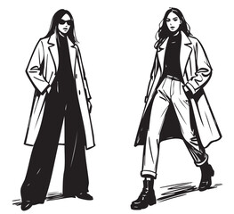 Autumn fashion sketch illustration. Female silhouettes wearing modern urban outfits coat, very wide pants , with dynamic poses