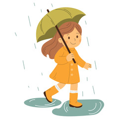 A vector illustration of a little girl in a yellow raincoat with an umbrella in the rain. This cute flat style is perfect for children's books, fall designs, or weather-themed projects