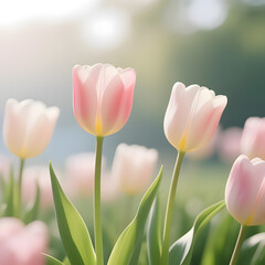 Fototapeta premium Vibrant Field of Multi-Colored Tulips in Soft Spring Light