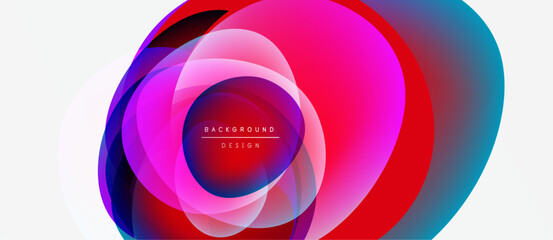 Abstract colorful layers create dynamic circular design. Vibrant gradients blend, forming modern background element. Minimalist text present.