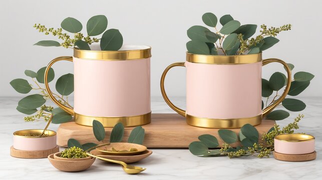 Elegant pink and gold mugs with eucalyptus branches evoke serene mornings and sophisticated beverage enjoyment