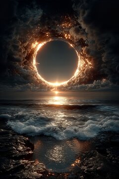 Dramatic Sunset with Sci-Fi Orange Ring in Sky - made with Generative AI