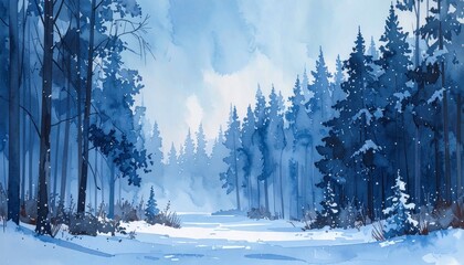 Monochrome blue watercolor painting of a serene winter forest landscape with pine trees covered in snow, beautiful frosty artistic illustration of a cold day in the peaceful natural woods