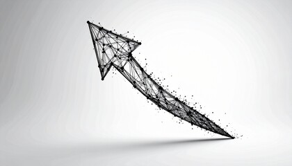 3D mesh arrow of black lines and dots, abstract upward motion and digital growth.
