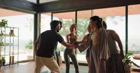 Fitness, clapping hands and group of people in gym for pilates, workout or celebration. Happy, applause and team of athletes with cheering for yoga exercise together at class in sports center. - Powered by Adobe