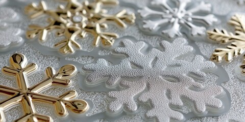 Obraz premium Winter Wonderland with Sparkling Snowflakes and Metallic Accents on Frosty Glass Decorations