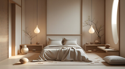 Contemporary living room interior with beige sectional sofa, wood paneling, round tables, and city view window on neutral background. 3D Rendering