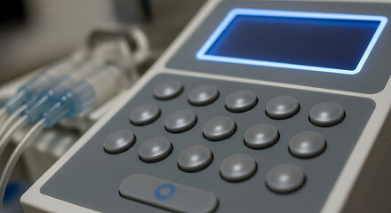 Obraz premium Close-up of a medical device with a blue screen and numerous buttons, indicating advanced healthcare technology.