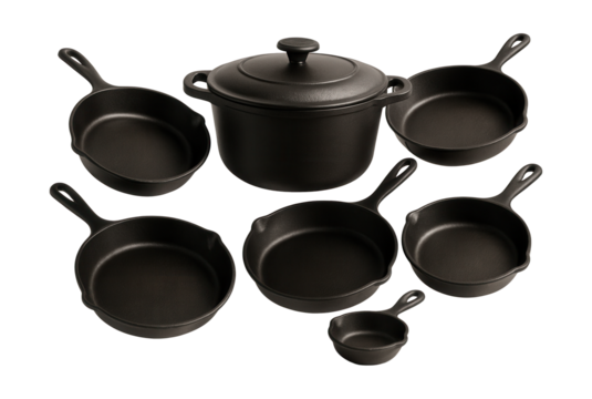 A full cast iron cookware set featuring a Dutch oven and skillets for a cozy kitchen.