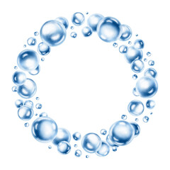 Delicate air bubbles float in round wreath,captured in soft blue watercolor monochrome.For ethereal designs and ocean-inspired projects.Hand drawn illustration for aquatic arrangements