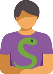 Portrait of a young software developer with arms crossed wearing a purple t shirt with a green snake on it, coding and programming concept