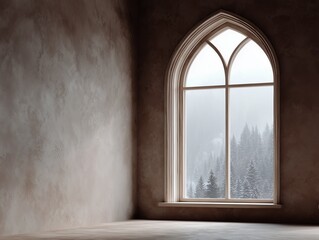 Fototapeta premium A Gothic-style arched window reveals a serene winter forest view, blanketed in snow, creating a peaceful and contemplative atmosphere.