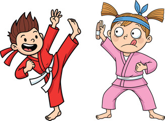 hildren practicing martial arts, cartoon kids sparring, playful karate training, childhood discipline, action scene, emotions, teamwork, fitness, fun learning, illustration