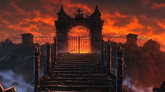 Gates to hell with crosses on dark ground over hot cloud sky, digital art for afterlife or damnation animation