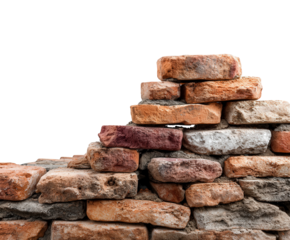 A pile of weathered and aged bricks, showcasing a textured surface and rustic appearance, isolated on a transparent background, perfect for construction or renovation themes