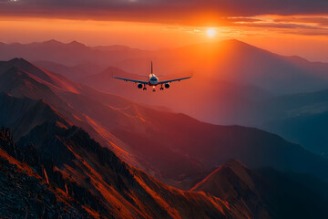 Fototapeta premium Airplane Flying Over Majestic Mountains at Sunset - Scenic Adventure Concept