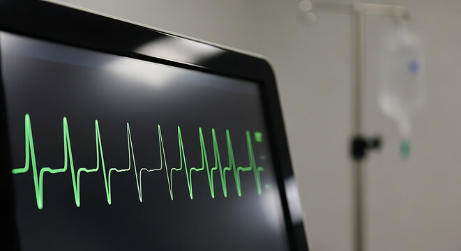 Close-up of a medical monitor displaying a green electrocardiogram ECG waveform, indicating heart activity in a healthcare setting. - Powered by Adobe