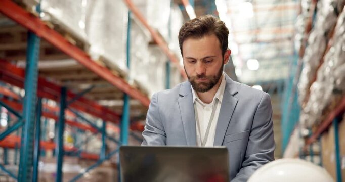 Laptop, shipping and documents with man in warehouse for delivery information, logistics or cargo. Supply chain industry, digital inventory and ecommerce inspection with person in factory for storage