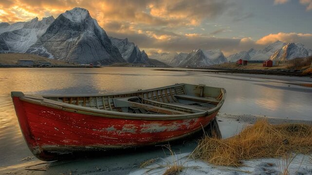 video A bright red boat sits on the sand next to calm waters, ideal for a serene day out